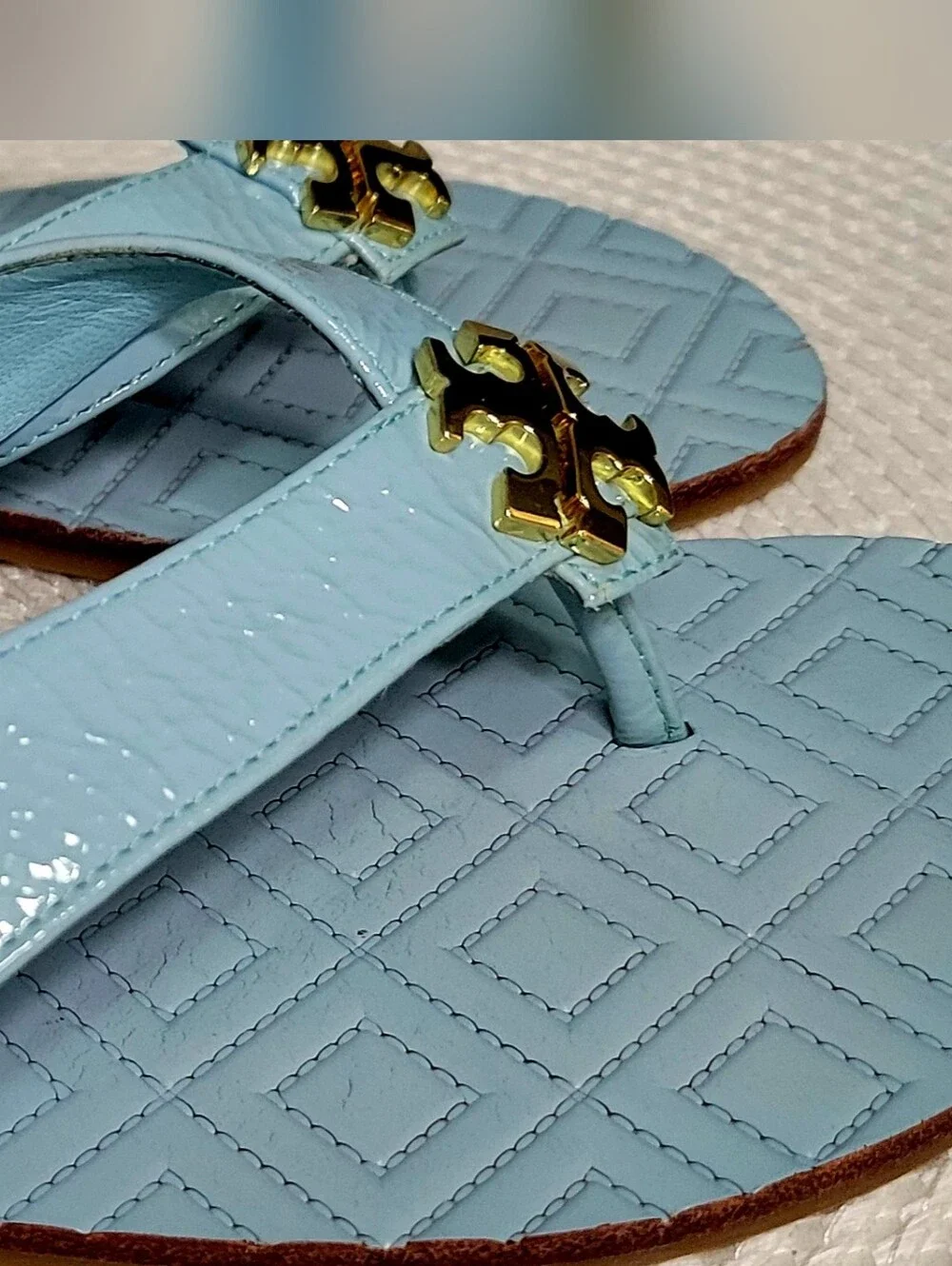 Tory Burch Sky Blue Maybell Patent Leather  Thong Sandals - Worn Once
